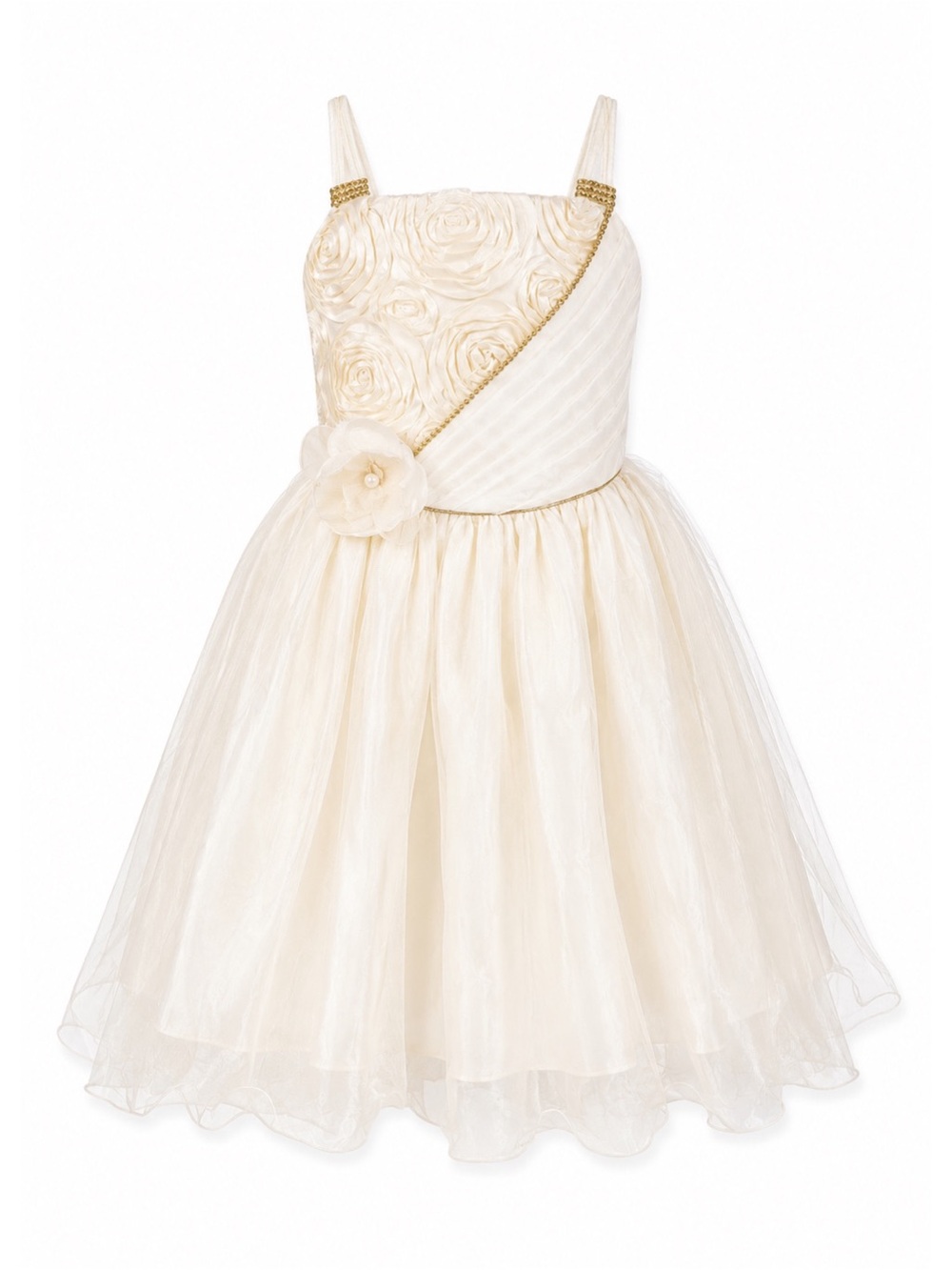 Unbranded Ivory & Gold Floral Sparkly Tulle Beaded Formal Ball Gown Girls Sz 10